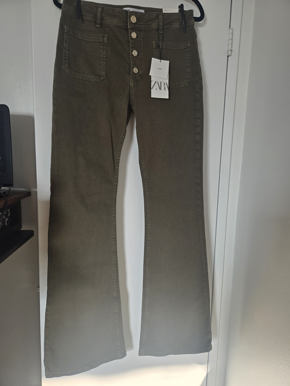 ZARA Olive Button-Fly Flare Jeans